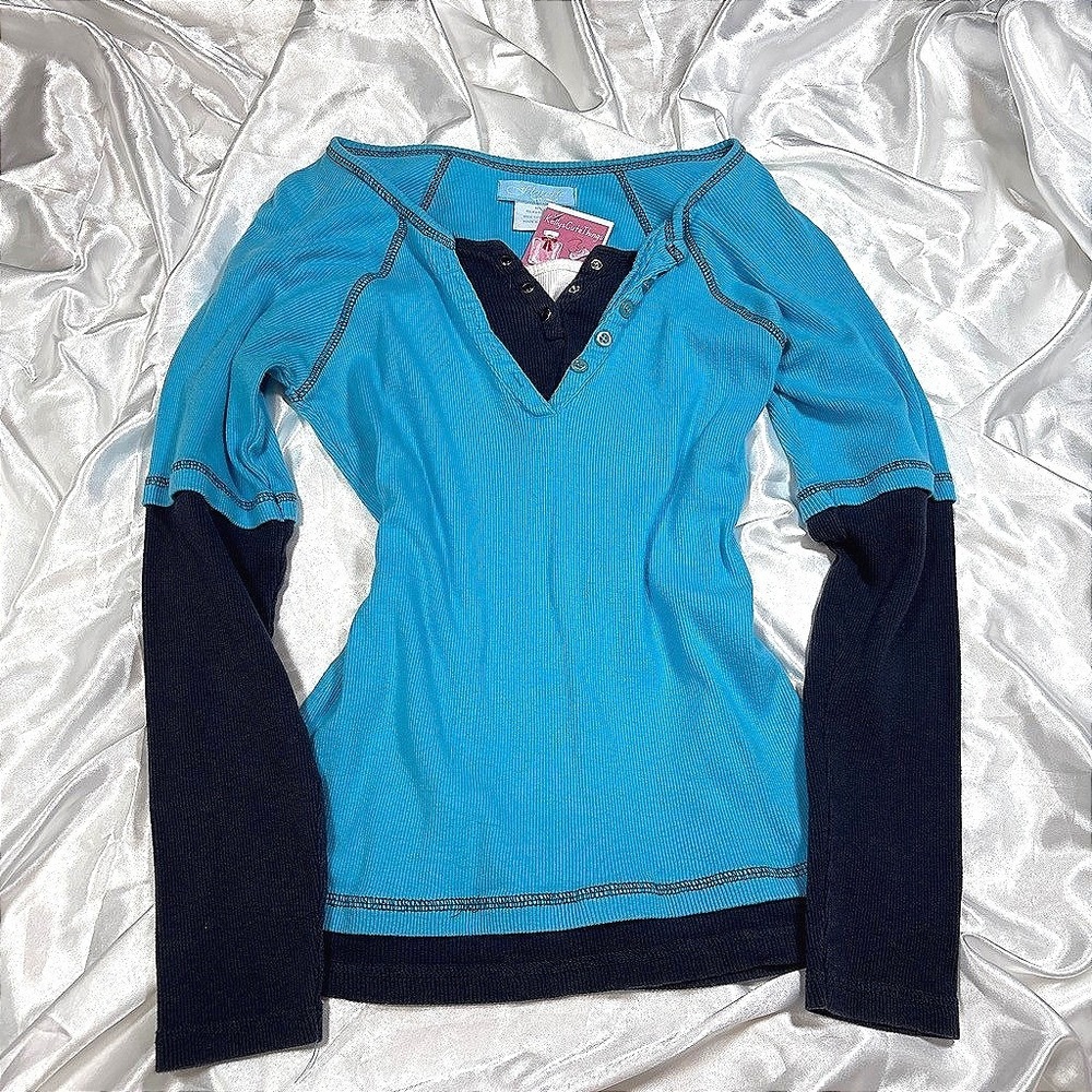 y2k Florette Layered Henley Top Blue Ribbed Thermal Long Sleeve M